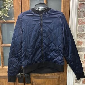 BLANC NOIR Womens Bomber Jacket Medium Navy Quilted Reversible Camo Lining